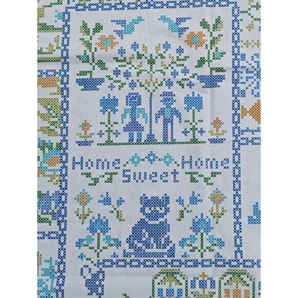 2.75 YDS Vintage 1970's FAUX CROSS-STITCH FABRIC "Home Sweet Home" Cotton Blend - Picture 4 of 10